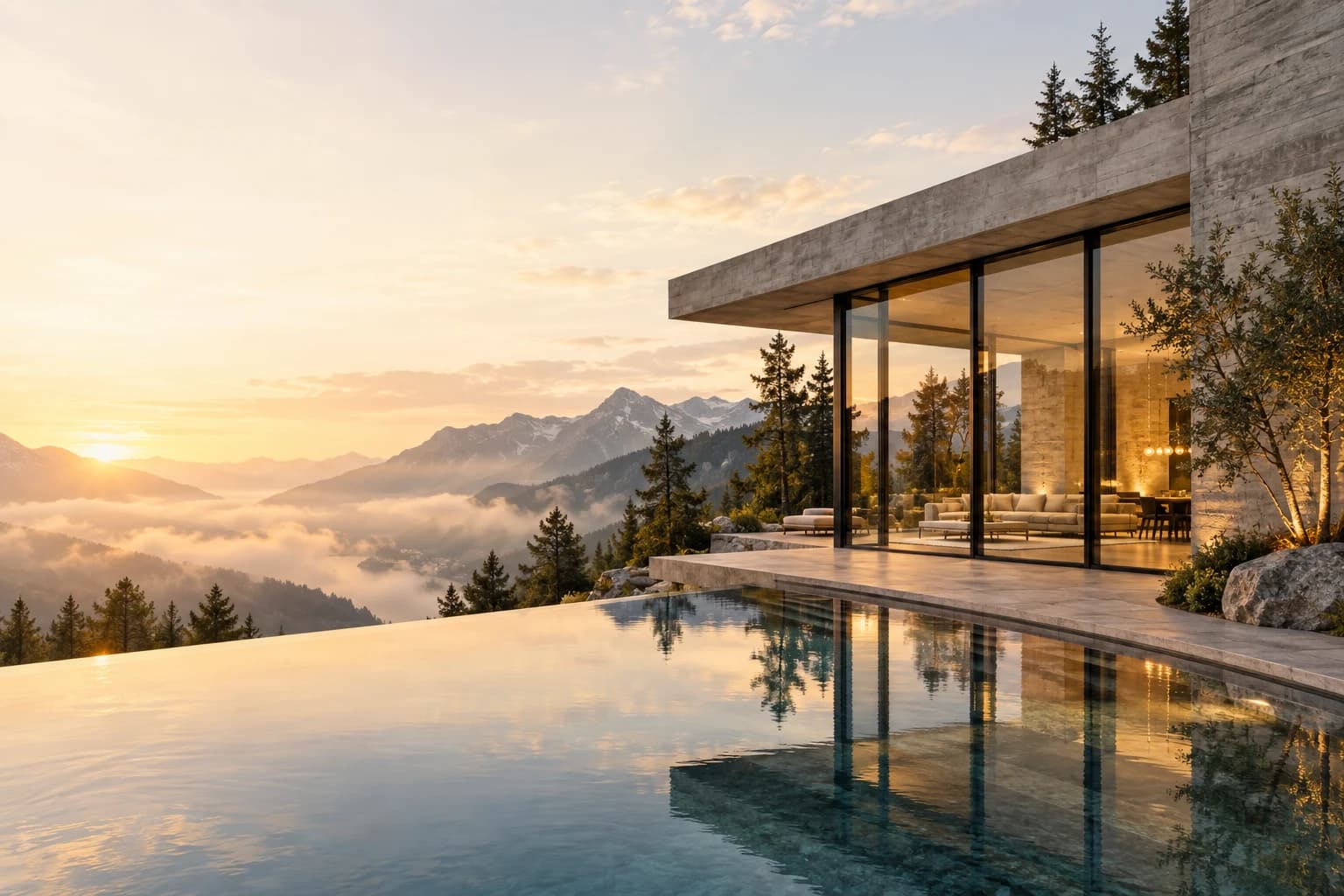 Moderne Glas- und Betonarchitektur mit Pool vor einer Berglandschaft