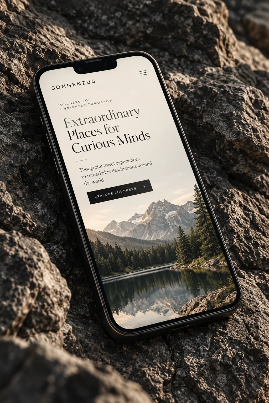 Smartphone mit einer Reisewebsite und Bergmotiv auf dunklem Stein